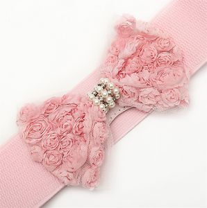 Women Lace Rose Pearl Crystal Bow Elastic Stretchy Dress Waist Band Wrap Belt