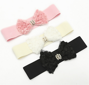 Women Lace Rose Pearl Crystal Bow Elastic Stretchy Dress Waist Band Wrap Belt