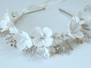 Women Bride Bridal wedding White Flower Hairband Tiara Headband ribbon