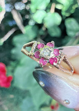 Vintage 1982 9ct Gold Ruby Diamond Flower Ring Size M
