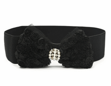 Women Lace Rose Pearl Crystal Bow Elastic Stretchy Dress Waist Band Wrap Belt Black