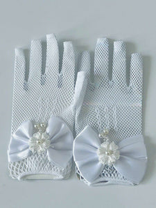 Flower Girls Ball Dance Party Fancy Wedding Net Bow Short Black Red White Gloves White