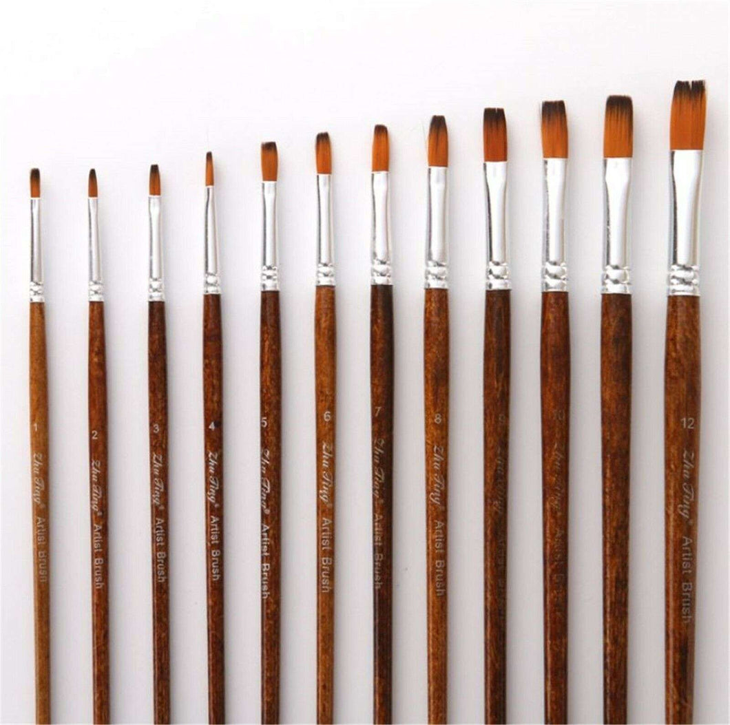 12PC Brown Handle Artist Brush Set - Watercolor, Acrylic, Oil Painting, and Craft flat shape brushes