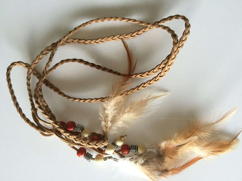 1PC women Girl suede leather Braided Feather Hair Head Waist Belt Band Tie Wrap Brown