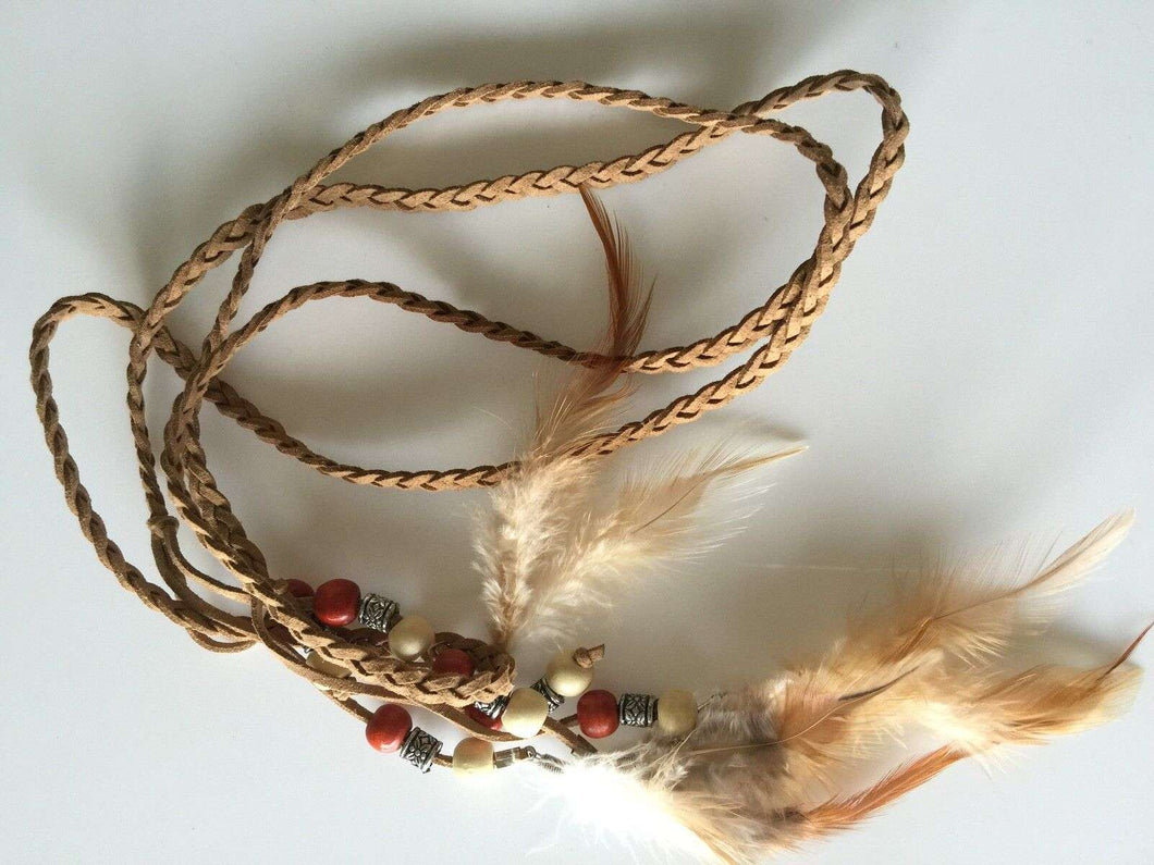 1PC women Girl suede leather Braided Feather Hair Head Waist Belt Band Tie Wrap Brown