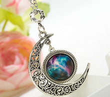 Women Girls Retro BOHO Cameo Round Badge Galaxy moon friendship Chain Necklace With frame Pink Blue