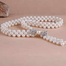 new Women Lady Pearl Beads White Dress Elegant Stretch Elastic Buckle Belt Band Silver bow buckle