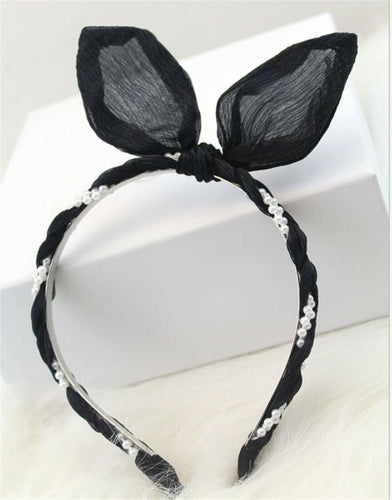 Women Lady Girl School Lace Pearl Bunny Ribbon Bow Hair head band headband Hoop Black Bow headband
