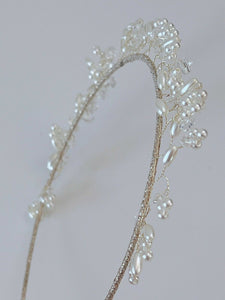 Women White Pearl Beaded Slim Hair Head Band Headband Dress Party Tiara Hoop