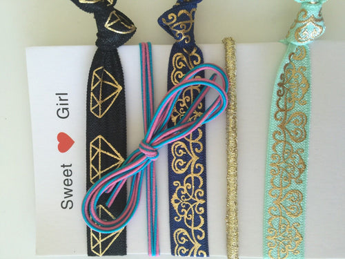New Girls Women Bracelet knot Ribbon Ponytail No Crease Hair band Tie Holder Set Diamond Gold Tattoo set