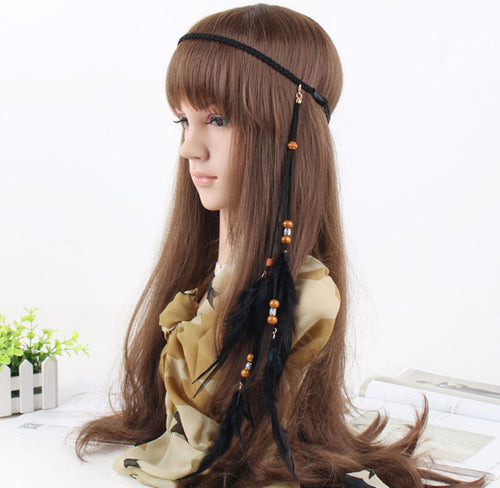 Women Girl suede leather Bohemian boho feather Braided Chain hair band headband black