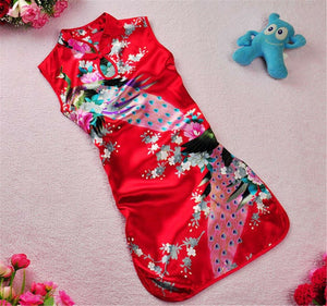 Kids Girl Chinese Asian Traditional QIPAO Costume Peacock Tunic Summer Dress