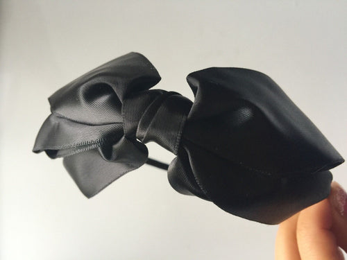 Women Girls Office Lady School Color Satin Ribbon Bow hair headband band Hoop Black
