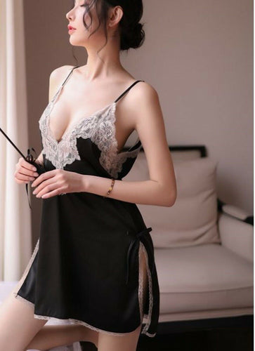 Women Babydoll Sexy Lace Strap Satin Sleepwear Chemise Sleep dress Nighties Black