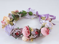 Women Bohemian Rose Bud Flower Leaf Crown hair headband Garland Photogragh Tiara Purple