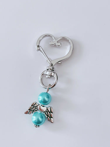 1x Christening Baptism Pearl Angel Rosary Favors Heart Shape Keyring Key Holder Blue Bead