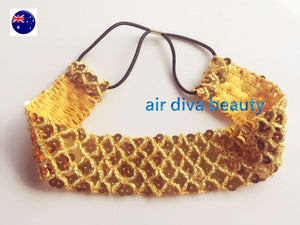 Lady girl Gold Sequin Bling Metallic Party Dance Hair Elastic Head Band headband