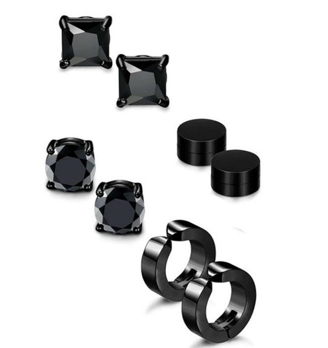 4PAIR Fake MAGNETIC Crystal Huggies Hoop NO Piercing ear Hole studs Earrings set 4 PAIRS Black Crystal and huggies hoop