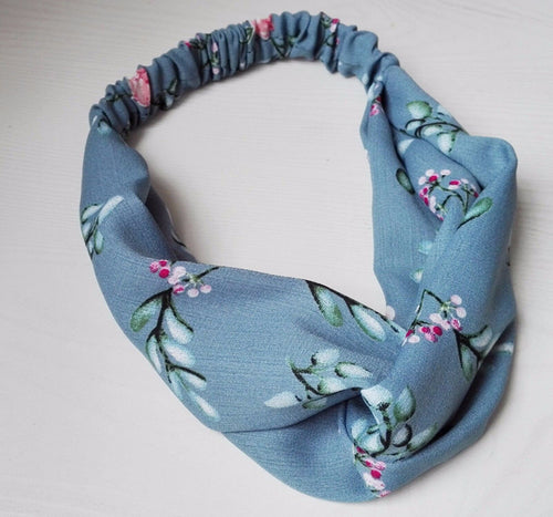 Women Lady Retro Flower Boho Bohemian Floral Cross hair headband band bandana Blue Floral Cross Headband