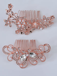 Women French Styling Evening Party Bride Rose Gold Crystal Hair comb Clip Pin