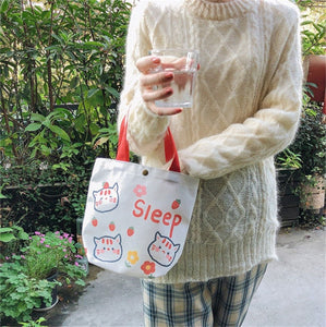 Women Girls Cute Bunny Cat Carry Small Tote Eco Canvas Shopping Bag