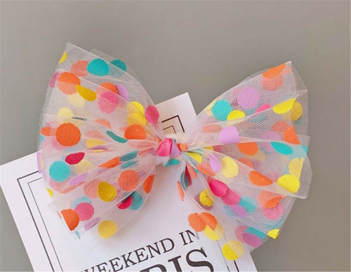 Girl Children Kids Polka Dot Rainbow Mesh Lace BOW Ribbon Hair Head Clip Pin White Base Colorful Polka Dots