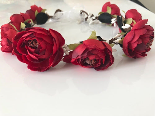 Women Girl Fairy camellia Flower Berry hair head headband Garland Ribbon Wreath Red Flower wreath
