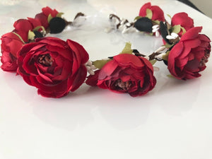 Women Girl Fairy camellia Flower Berry hair head headband Garland Ribbon Wreath Red Flower wreath