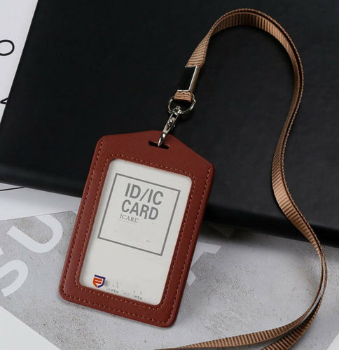 Badge Swipe Work Opal Real Leather Card Holder Security ID Tag Lanyard Strap Vertical Brown