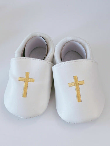 Baby Shower Boy Kid Girl Pure White Christening Cross Synthetic Leather Shoes Gold Cross
