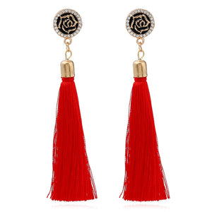 Women Retro Tassel Boho Crystal Rose flower Party Long dangle Ear Drop Earrings