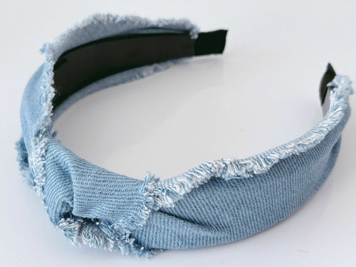 Women Girl Retro Denim Hair Band Cross Twisted Wide Hippie Headband Wrap Hoop Light Blue Denim