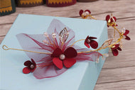 Women Flower Girl Gold Leaf Veil Party Wedding hair headpiece headband Garland RED flower