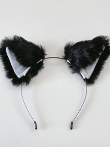 Women Children Fluffy Fur Cat Kitty fox animal Costume Ear Party Hair head band Black with White inner ear Headband