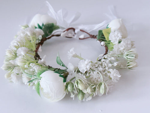Newborn Baby Girl kid Party White Flower Rose Halo Hair Tiara headband Garland