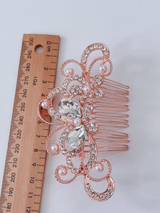 Women French Styling Evening Party Bride Rose Gold Crystal Hair comb Clip Pin