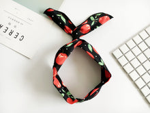 Women Girls Cherry retro Wire Bunny Ear adjustable bow scarf Hair head band Wrap big cherry in black