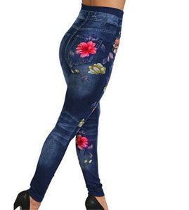Women Faux Denim Jeans look High Waist Floral Pencil Leggings Jeggings Pants