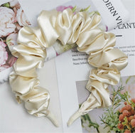 Women Retro Bubble Wrinkled Puffy Satin Fabric Halo Hair Head Band Headband Hoop Satin Cream White
