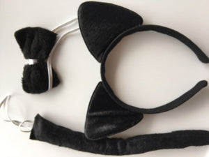 Lady Girl Boy Kids Cat Kitty Costume Ear Tail bowtie Party Hair head band 3 set