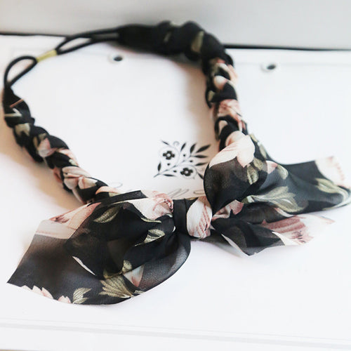 AU Women Girl Retro Chiffon Floral bow Braided scarf Stretch Hair head band Wrap Black