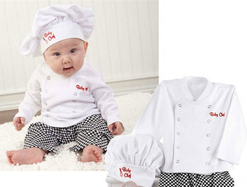 NEW kids Girl Boy Baby Cotton Party Photogragh Chef Costume top+ hat +pants prop