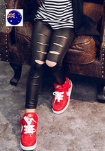 Kid Girl Children Syn Leather Rock Star Ripped Slit Torn Pants Pencil leggings