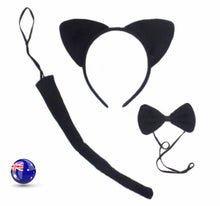 Lady Girl Boy Kids Cat Kitty Costume Ear Tail bowtie Party Hair head band 3 set all black set