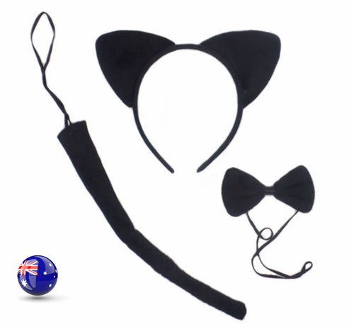 Lady Girl Boy Kids Cat Kitty Costume Ear Tail bowtie Party Hair head band 3 set all black set