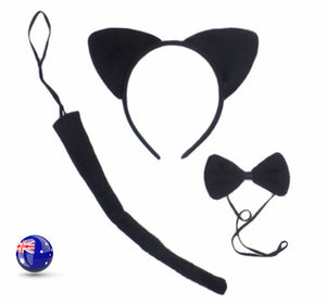 Lady Girl Boy Kids Cat Kitty Costume Ear Tail bowtie Party Hair head band 3 set all black set