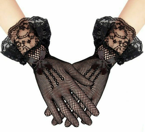 Women Cosplay Opera Ball Party Fancy Wedding Lace Bow Short Black / White Gloves Black