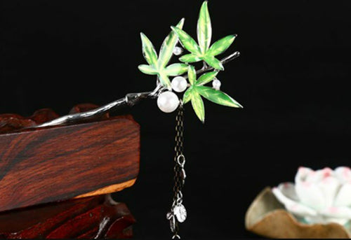 1x Women Plum Flower Maple Leaf Oriental Styling boho hair U Bobby Pin Stick Green Maple