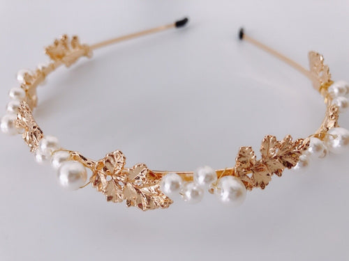 Women Girl Metallic Gold Leaf Pearl party hair head band Hairband Headband Hoop White Pearl headband