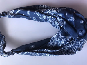 Women Girl Retro Twist cross Hip hop dance Paisley Bandana Hair Headband Scarf Navy blue